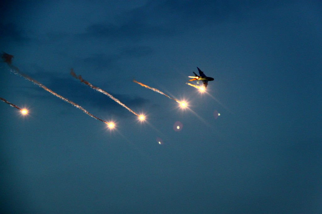 Mig 21 Lancer (supersonic aircraft) shooting defensive flares - BIAS 2015