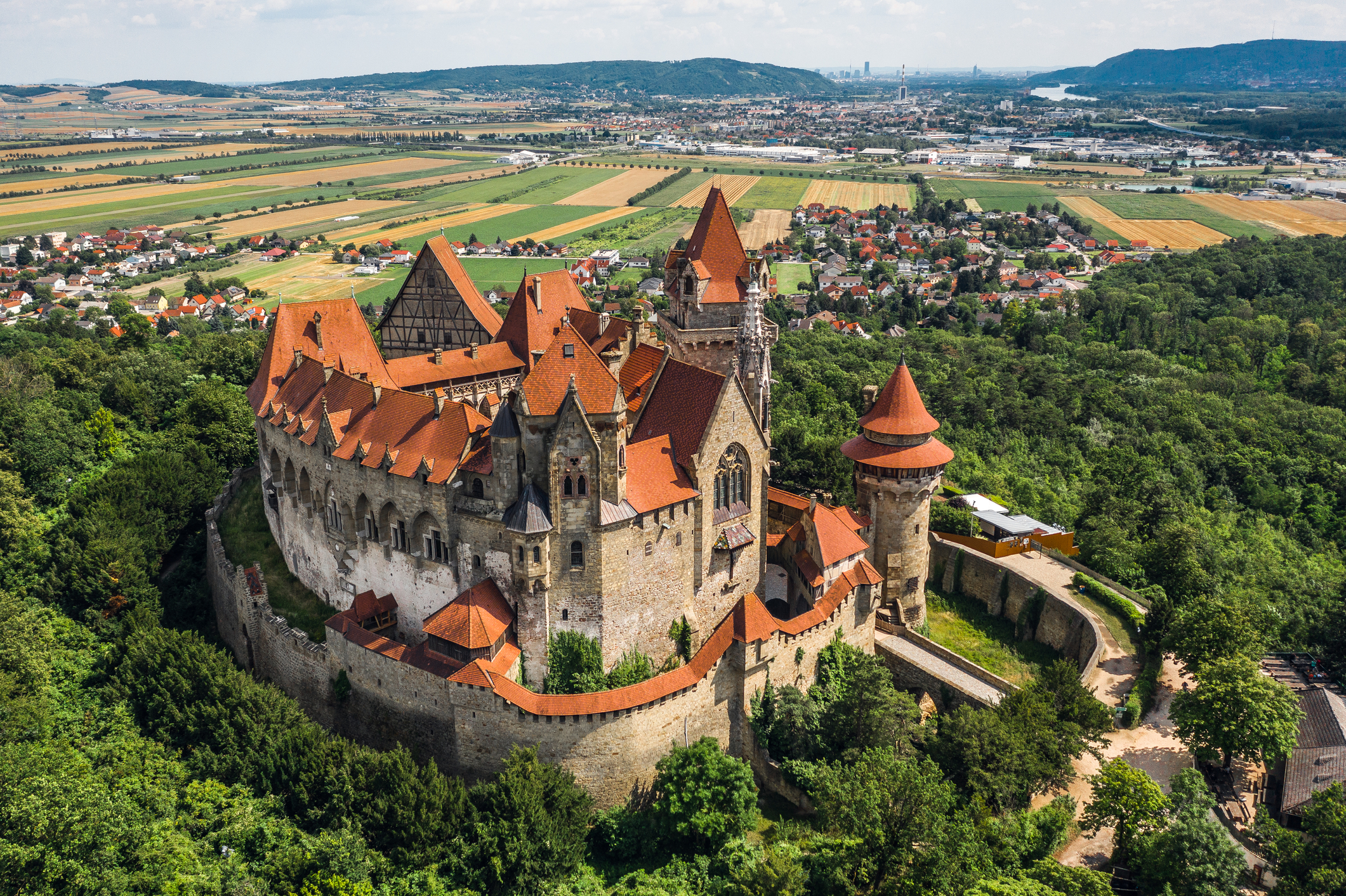 Aerial view of Kreuzenstein Castle in Austria