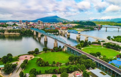 Drone Aerial of Downtown Chattanooga TN Skyline, Coolidge Park and Market Street Bridge