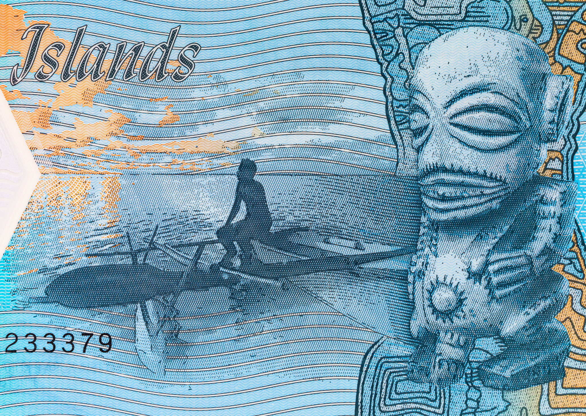 3 Dollars Banknote of the Cook Islands with the image of Carving of Tangaroa (God of the sea) and a man and his canoe.