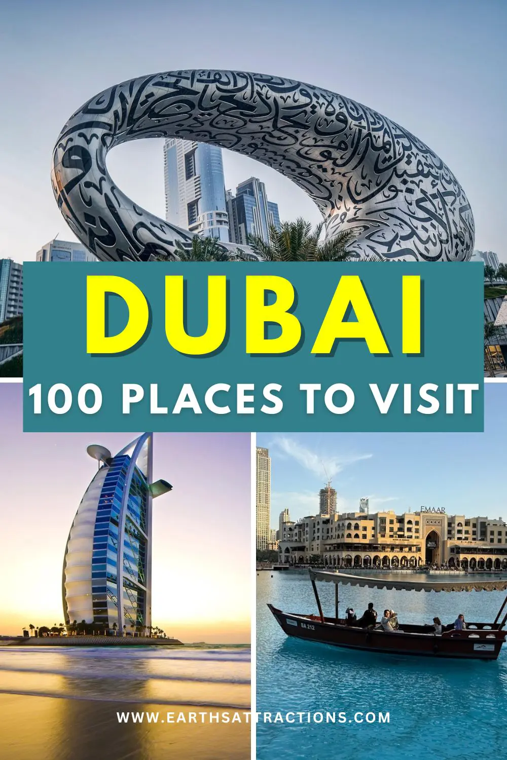 The Ultimate Dubai Bucket List for Everyone Dubai Travel Guide: 100 Best Places to Visit and Must-See Attractions. Planning a trip to Dubai? Explore 100 incredible places to visit — from futuristic landmarks like the Museum of the Future to iconic spots such as the Burj Al Arab, Dubai Marina, and Al Fahidi. Your ultimate Dubai bucket list - with Dubai landmarks and the best things to do in Dubai, UAE. #placesinDubai #dubaitourism #visitdubai #dubaiadventures #dubaiattractions #dubaitravelblog #dubaiholiday #dubaiwonder #beautifuldubai #thingstodoinDubai #dubaitravel