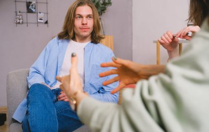 attentive listening in a professional conversation showing calm authority