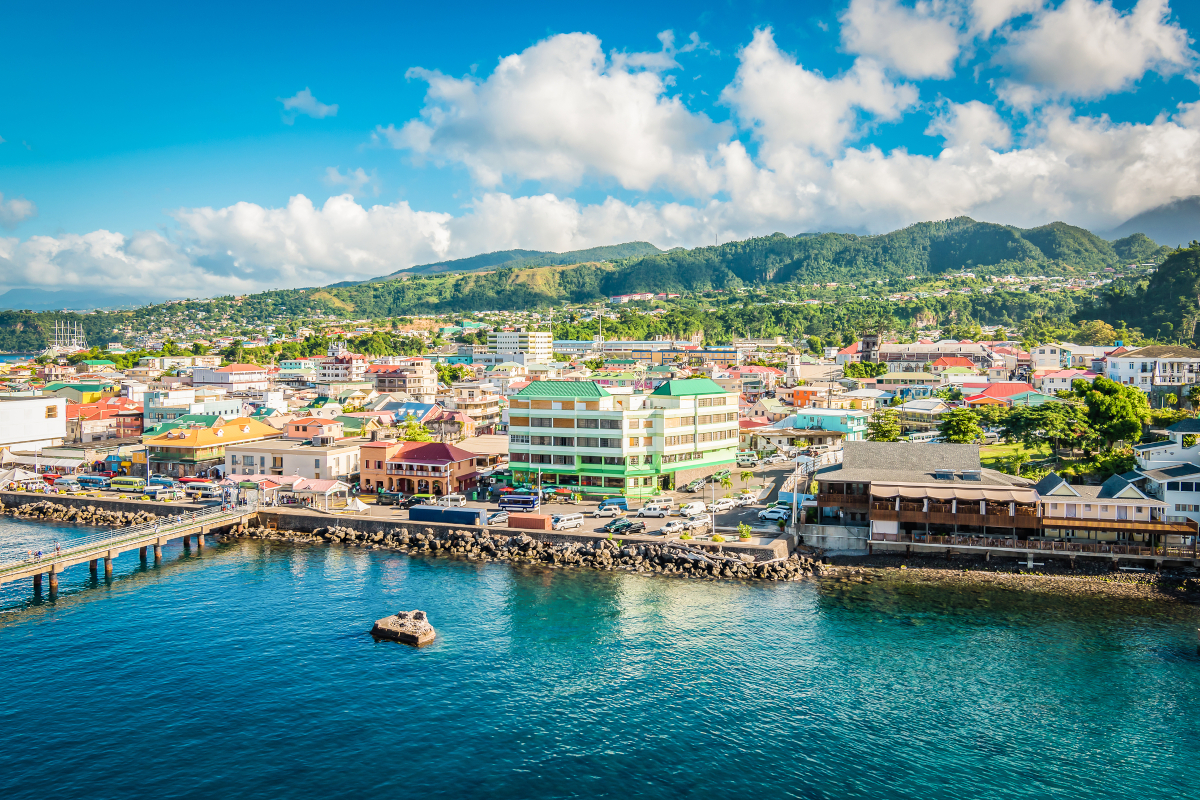 Beautiful colorful landscape view with buildings along the waterfront at the pier of the port Roseau in Dominica in the Caribbean for an article with world's capitals trivia