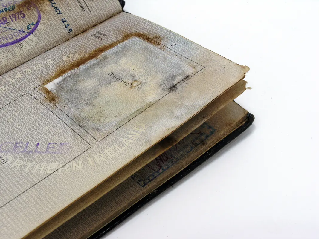 Old damaged passport page with stains and worn edges