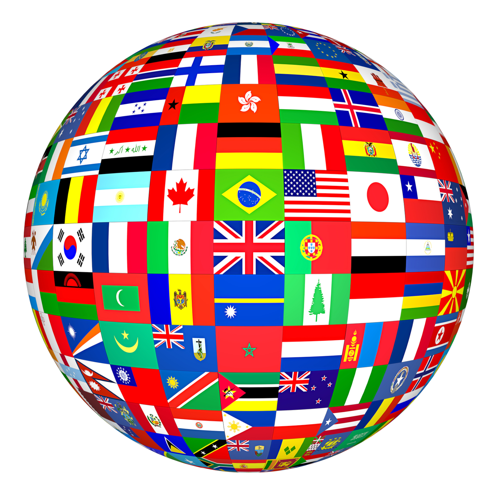 Flags of the world in globe format for an article with world capitals quiz questions and answers