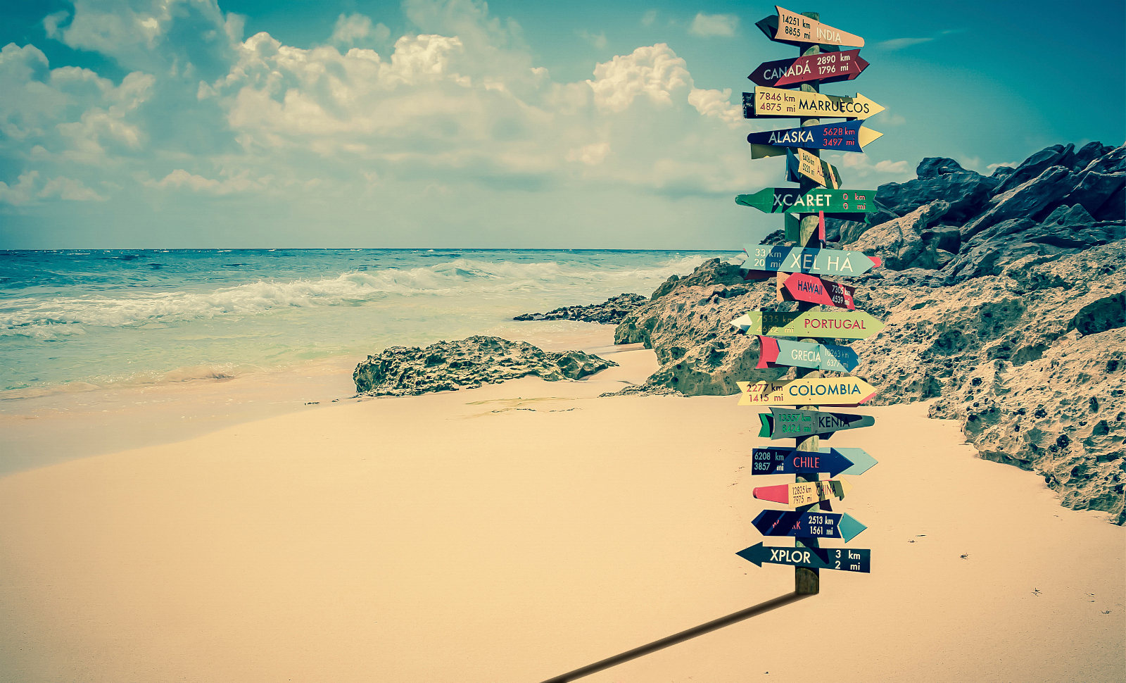 Colorful beach signpost with country names for an article about famous travel names people mispronounce