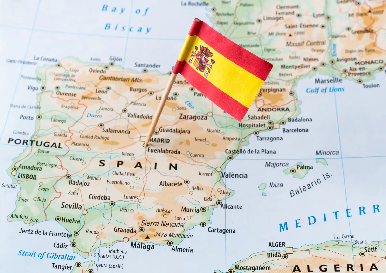 Map of Spain with the Spanish flag for a Spain trivia quiz