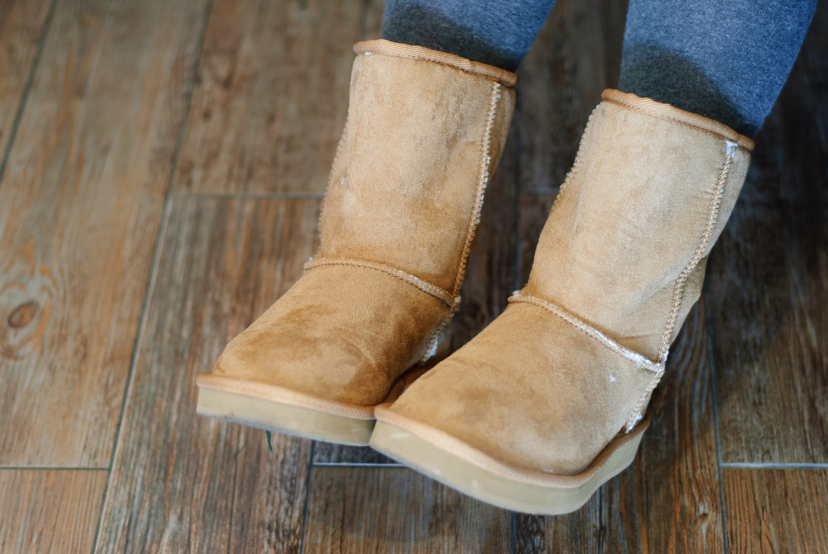 Closeup of brown Ugg boots with wooden background