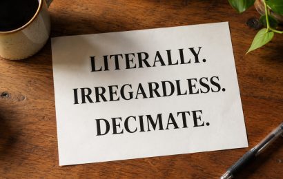 Literally, irregardless, and decimate printed on paper for an article about commonly misused English words