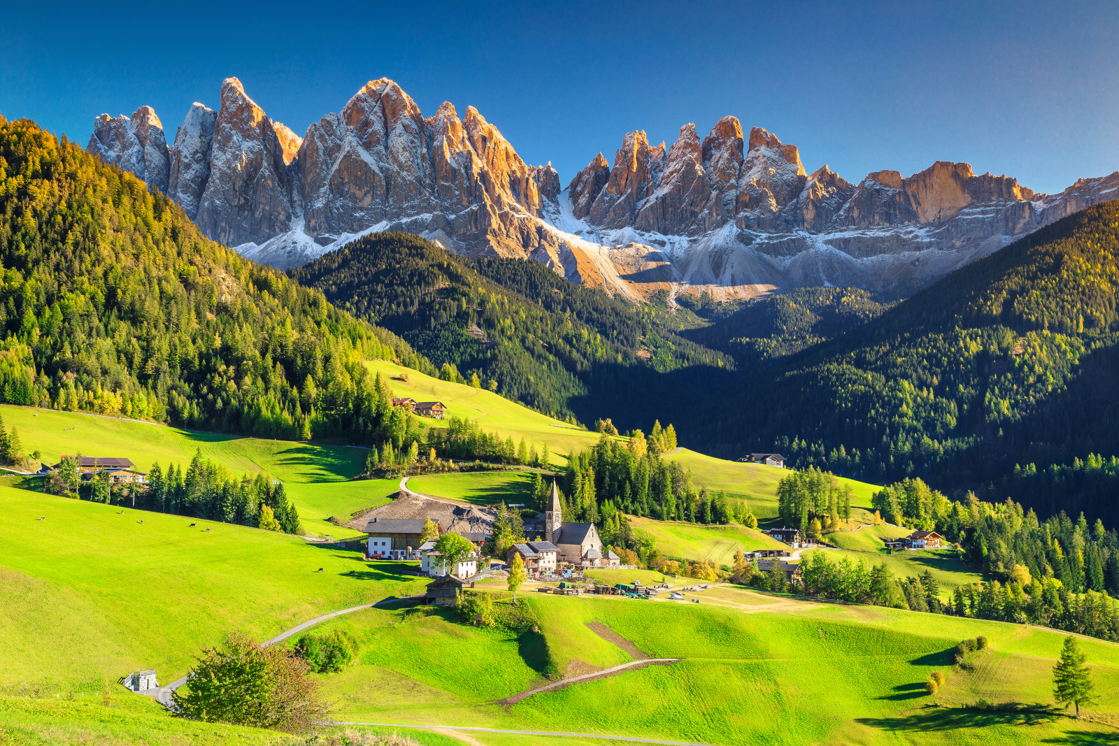 Alpine village and green pastures in the Dolomites, northern Italy