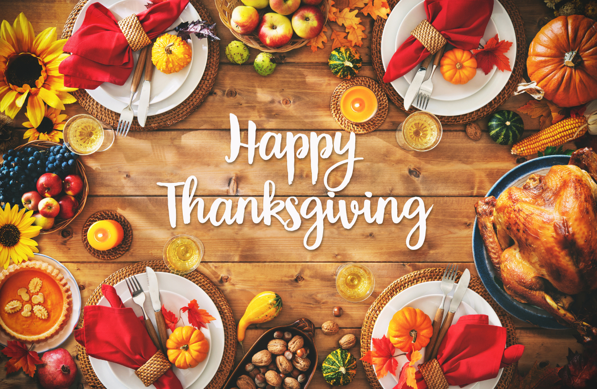 Traditional Thanksgiving dinner with roast turkey, pumpkin pie and Happy Thanksgiving sign for a Thanksgiving quiz