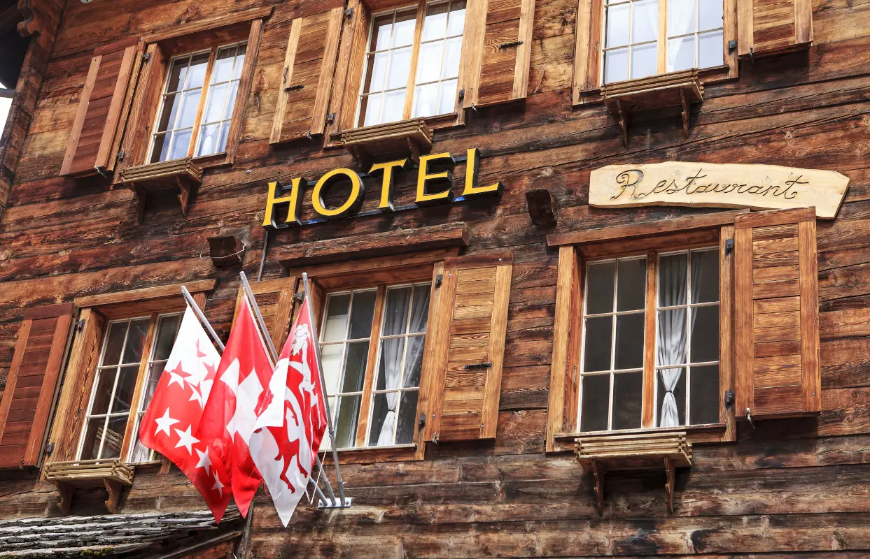 Swiss hotel exterior with flags in Switzerland