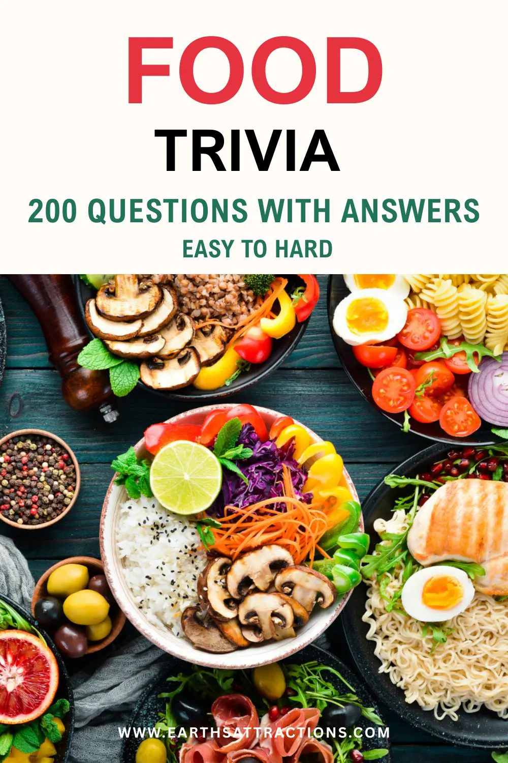 200 Food Trivia Questions and Answers: Easy to Hard. How many of these 200 food trivia questions and answers can you get right? Start with easy food trivia and work your way through popular dishes, ingredients, sweets, world cuisine, cooking, food history and harder questions. A fun food quiz for adults, families, game nights, parties and trivia nights - with every answer included. Save it for your next game night and challenge your friends! #FoodTrivia #FoodTriviaQuestions #FoodQuiz #TriviaQuestions #EasyFoodTrivia #GameNightIdeas Pin made with an image from Dreamstime