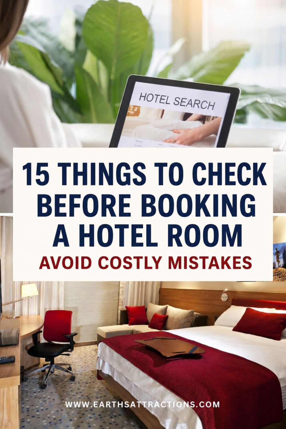 Hotel Booking Checklist: 15 Things to Check Before Booking a Hotel Room & Avoid Costly Mistakes. Booking a hotel room? Check more than the price and star rating before you reserve. This hotel booking checklist covers 15 things to check before booking a hotel, including the exact location and address, recent reviews, total cost, cancellation terms, deposits and card holds, room photos and category, bed setup, noise, air conditioning, renovations, amenities, check-in times and parking. Save these hotel booking tips for your next trip and avoid costly hotel booking mistakes before you pay. #HotelBookingTips #HotelBookingChecklist #HotelBookingMistakes #HotelTips #TravelPlanning #TravelTips #VacationPlanning Pin made with Dreamstime images