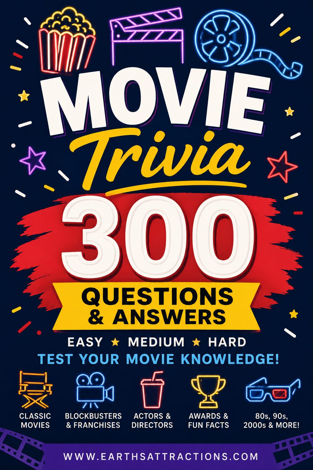 300 Fun Movie Trivia Questions & Answers - Easy to Hard. Think you know your movies? Try 300 fun movie trivia questions with answers, moving from easy movie trivia to more challenging questions. Test yourself on classic films, blockbusters, movie franchises, famous actors and directors, Oscars, iconic quotes, animation and movies from the 80s, 90s, 2000s and today. Use the quiz for movie trivia night, family game night, parties or a challenge with friends - then see who gets the highest score. #MovieTriviaQuestions #FunTrivia #MovieTrivia #MovieNight #GameNight #MovieQuiz