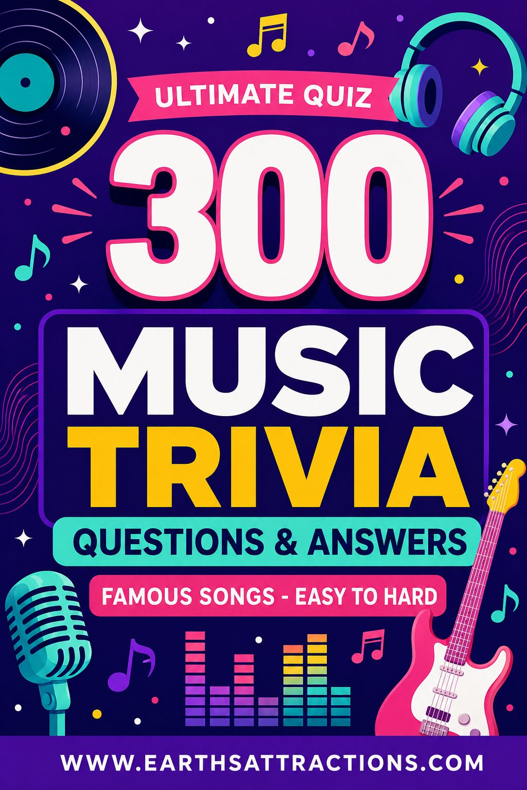 Can You Get Through 300 Music Trivia Questions Without Cheating? Think you know your music? This music trivia quiz includes 300 questions and answers about famous songs, iconic singers, classic hits, pop, rock, disco, movie songs, 80s, 90s, 2000s and more. It starts easy, gets trickier, and turns into a real challenge by the end. Perfect for music lovers, trivia night, parties, game night, or anyone who loves famous songs and fun quizzes. Save this pin now and see how many you can get right! #MusicTrivia #MusicQuiz #TriviaQuestions #SongTrivia #FamousSongs #TriviaNight #GameNight