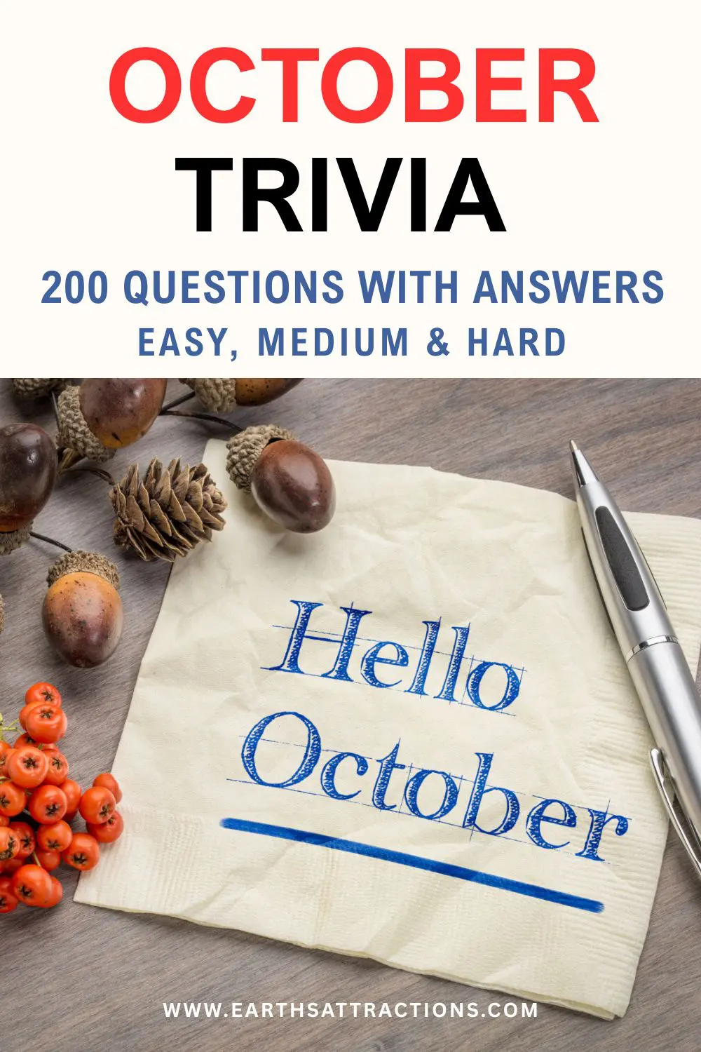 October Trivia for Adults & Kids: 200 Questions With Answers. Looking for October trivia for adults and kids? Try 200 questions with answers covering October history, fall facts, seasonal food, Halloween traditions, pop culture, sports and more. Use this October trivia game for family game night, parties, classrooms, work trivia or a cozy fall get-together. Easy, medium and hard rounds make it fun for mixed groups. Save this October quiz for later! #OctoberTrivia #TriviaForAdults #TriviaForKids #FamilyTrivia #FallActivities #trivia Pin made with a photo from Dreamstime