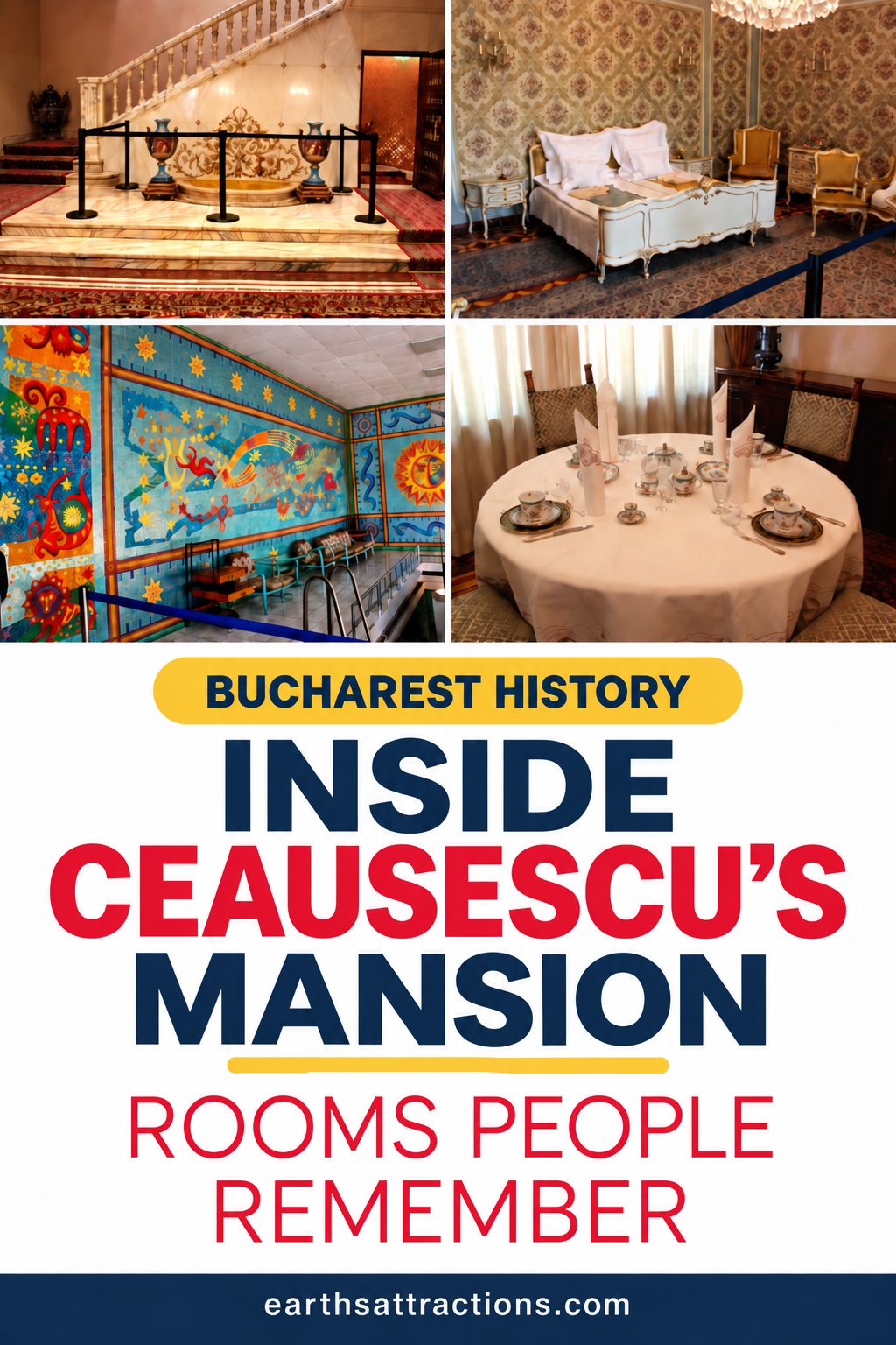 Inside Ceaușescu’s Mansion in Bucharest: The Rooms Visitors Still Talk About. What does Ceaușescu’s Mansion in Bucharest actually look like inside? This former private residence is filled with rooms that feel very different from one another, from the ornate bedroom and marble interiors to the colorful mosaic pool area and formal dining spaces. Take a look inside one of Bucharest’s most unusual historic attractions and see the details visitors remember long after the tour. #CeausescuMansion #BucharestHistory #BucharestTravel #RomaniaTravel #HistoricHomes