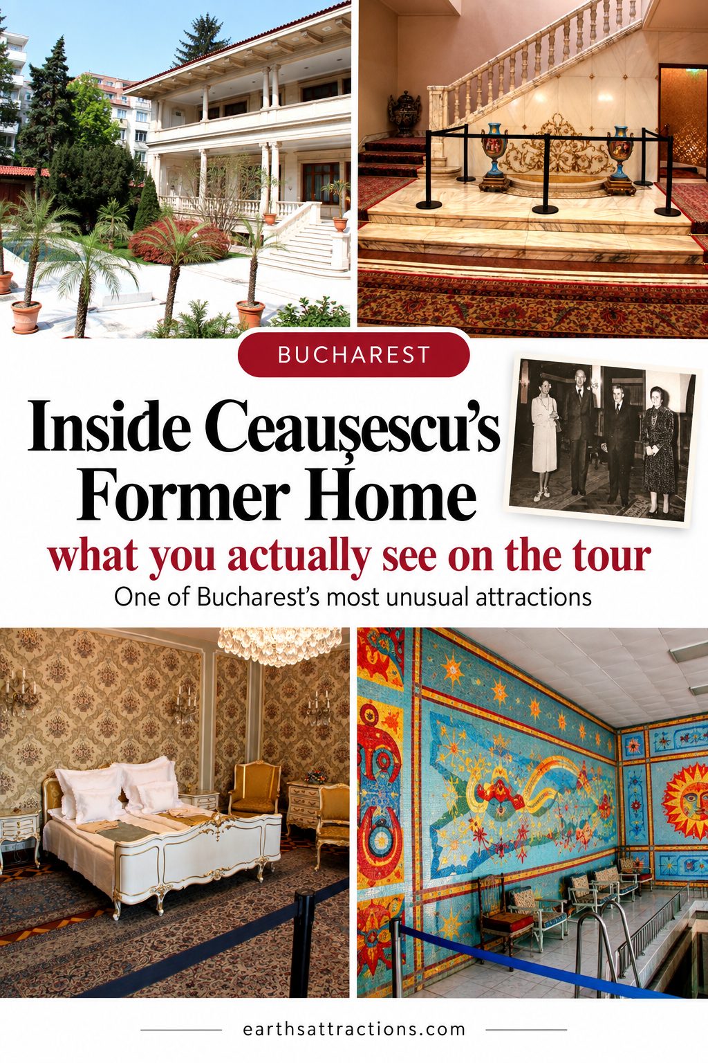 Inside Ceaușescu’s Former Bucharest Home: What You Actually See on the Tour. Planning to visit Ceaușescu’s former home in Bucharest? This guide shows what you actually see during a tour of Ceaușescu Mansion (Spring Palace), including private rooms, ornate interiors, the famous mosaic-covered pool area and details from the residence that are easy to miss in ordinary Bucharest attraction lists. See what the visit is really like before adding it to your itinerary. #CeausescuMansion #BucharestAttractions #BucharestTravel #RomaniaTravel #BucharestGuide
