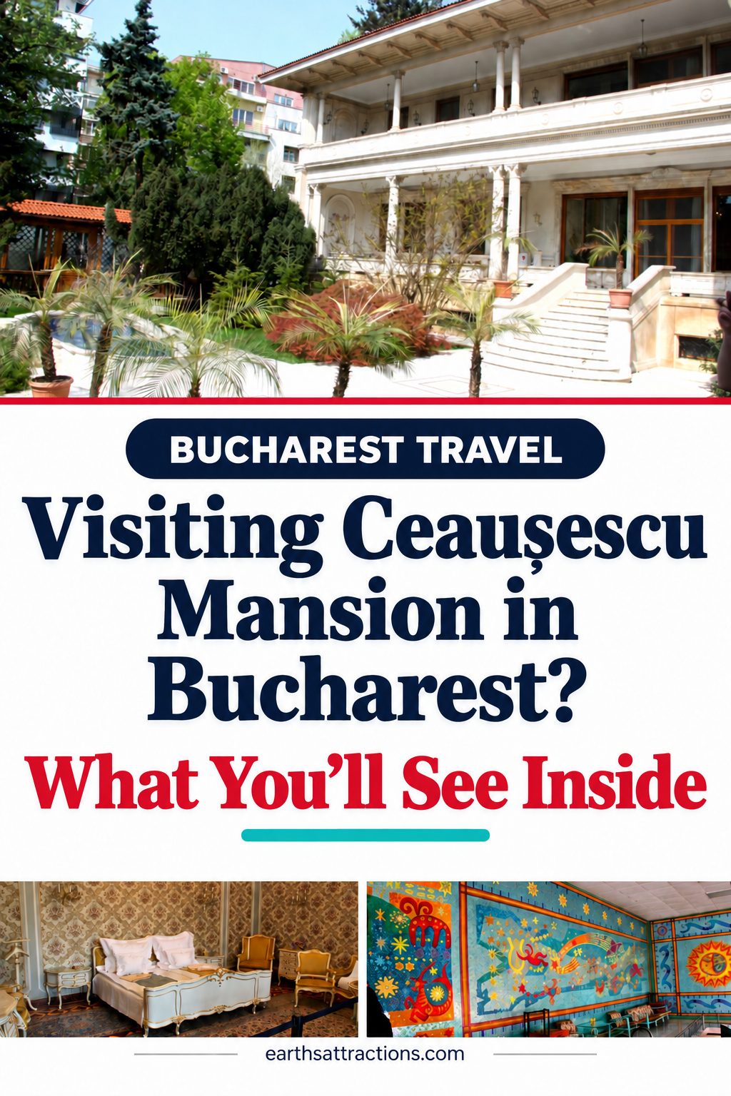 Visiting Ceaușescu Mansion in Bucharest? What to Expect on the Guided Tour. Thinking about visiting Ceaușescu Mansion during a Bucharest trip? See what’s inside the former private residence and what to expect from the guided visit, from the grand reception areas and private bedroom to the unusual mosaic pool room and courtyard. A practical preview for first-time Bucharest visitors deciding whether Ceaușescu Mansion belongs on their itinerary. #BucharestTravel #CeausescuMansion #BucharestItinerary #RomaniaTravel #BucharestAttractions