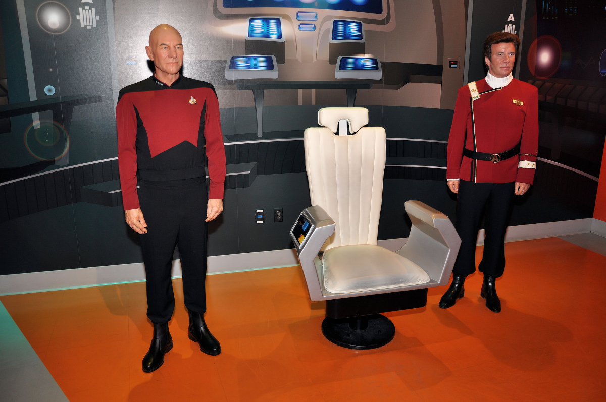 Wax statues of the Star Trek Captain Picard and Captain Kirk at the Madame Tussauds museum at Hollywood, Los Angeles, California. Editorial photo