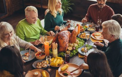 Family talking around the table during Thanksgiving dinner for an article with 100 Thanksgiving Conversation Starters for Family and Friends - Beyond “What Are You Thankful For?”
