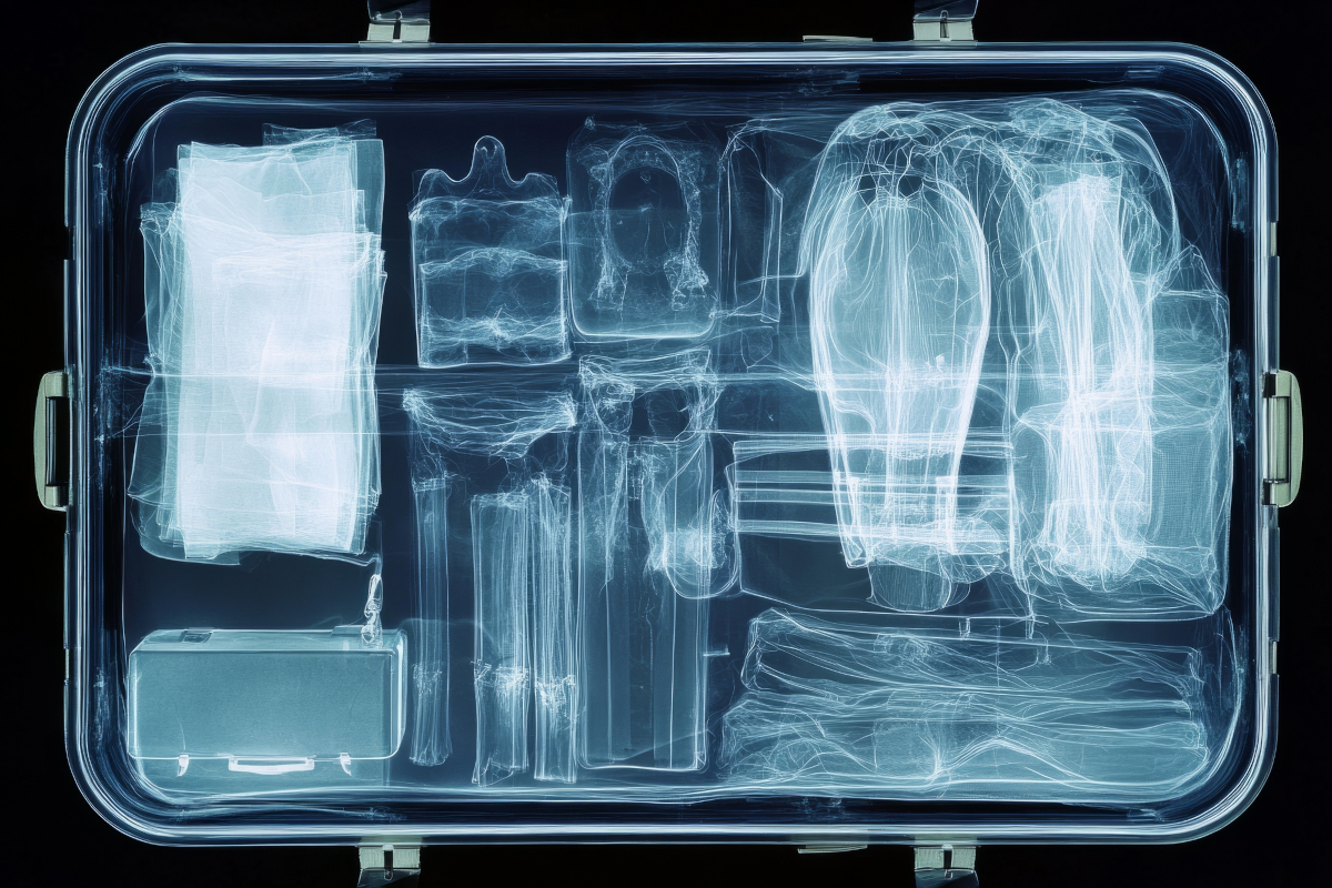 X-ray revealing the contents of an open suitcase at airport security check