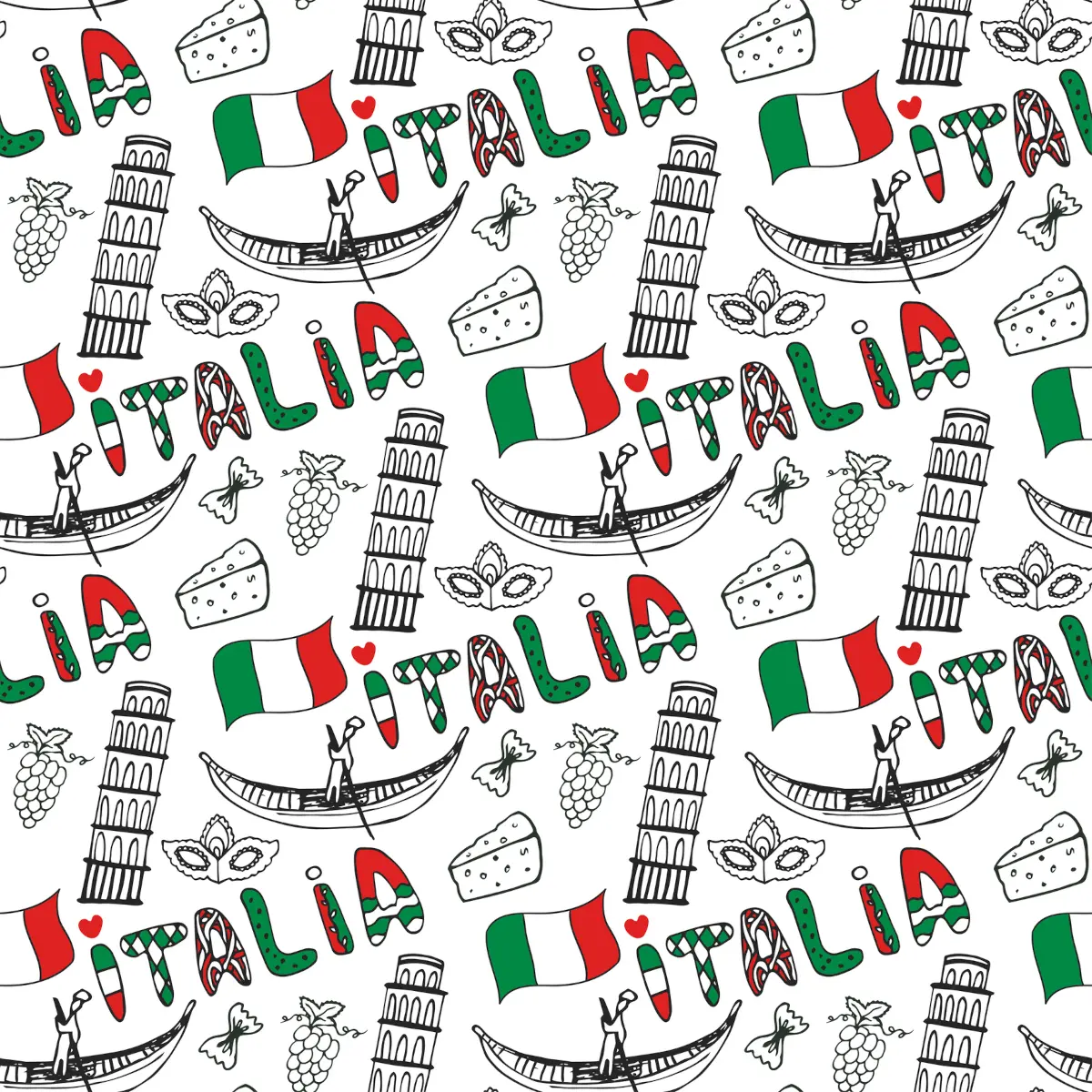 Hand-drawn Italy travel pattern with Italian flag, landmarks and Italian words