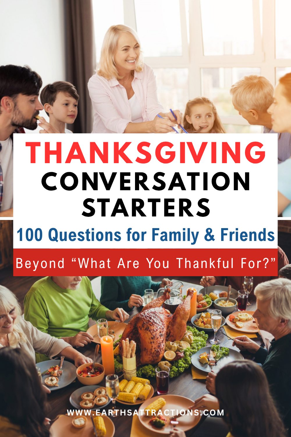 100 Thanksgiving Conversation Starters for Family & Friends. Looking for Thanksgiving conversation starters that don’t make dinner feel like an interview? These 100 Thanksgiving questions for family and friends include funny table questions, easy icebreakers for mixed groups, family stories, questions for grandparents, low-pressure prompts and better questions to ask instead of “What are you thankful for?” Save this for Thanksgiving dinner, Friendsgiving and family gatherings.