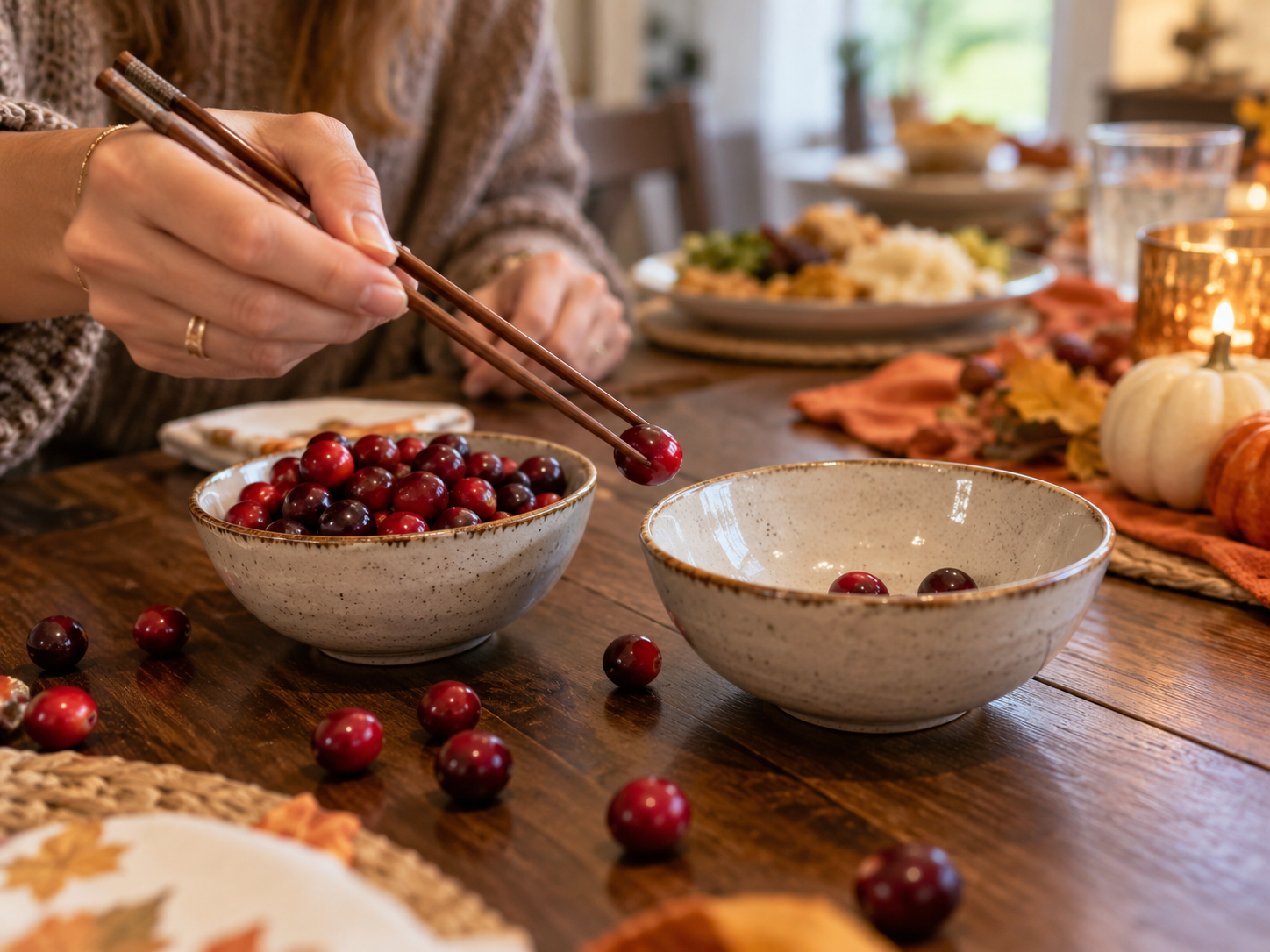 A player transfers cranberries with chopsticks in this quick and fun Thanksgiving challenge.