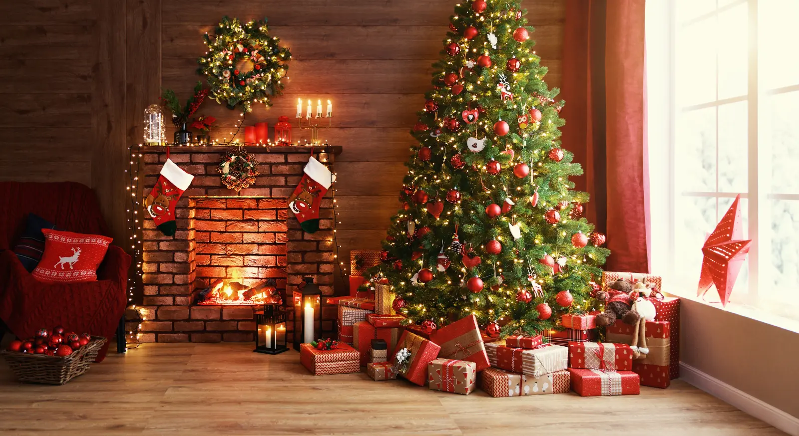 Cozy December living room with a glowing Christmas tree, fireplace and wrapped gifts