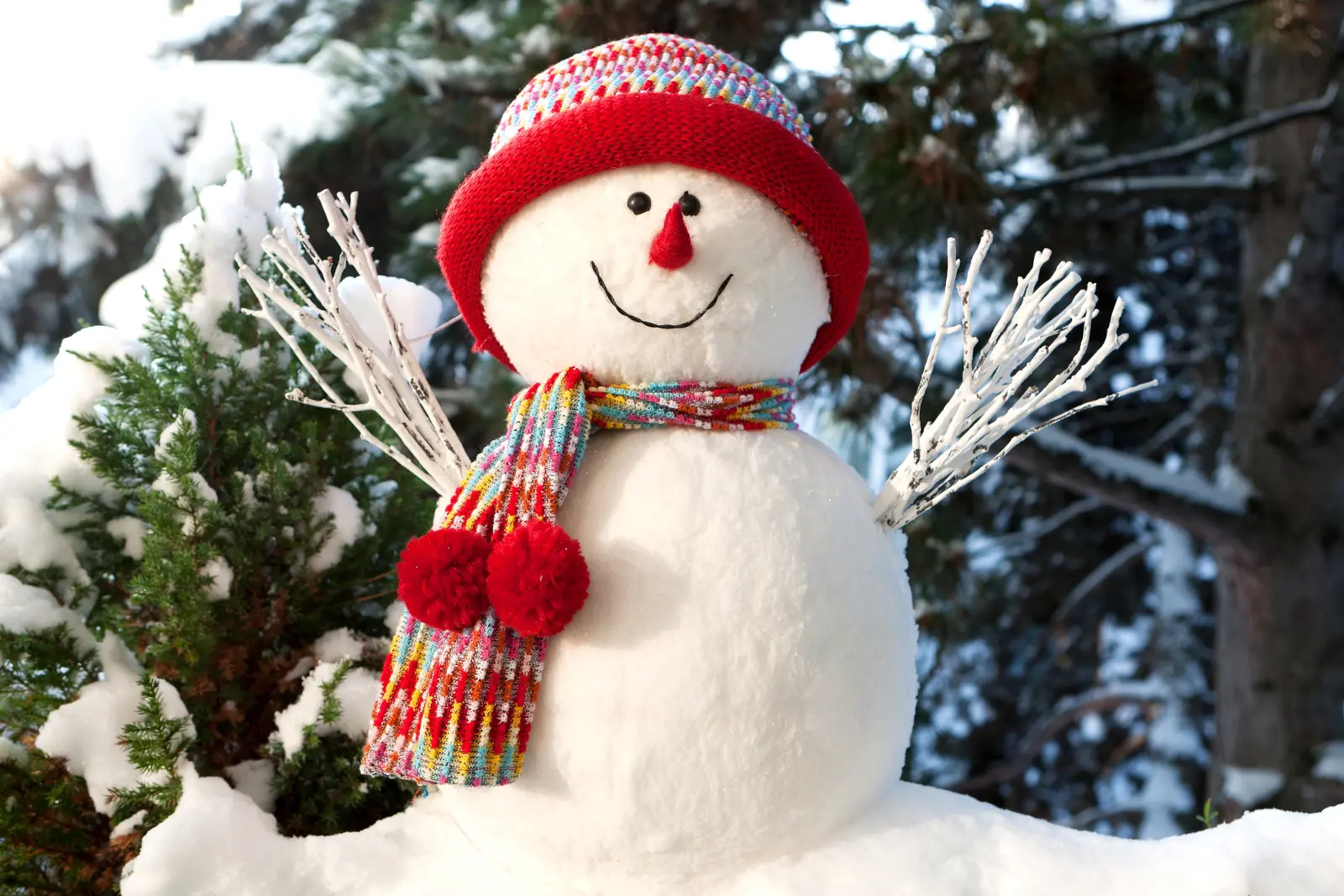 Smiling snowman wearing a red knitted hat and colorful scarf in a snowy winter forest