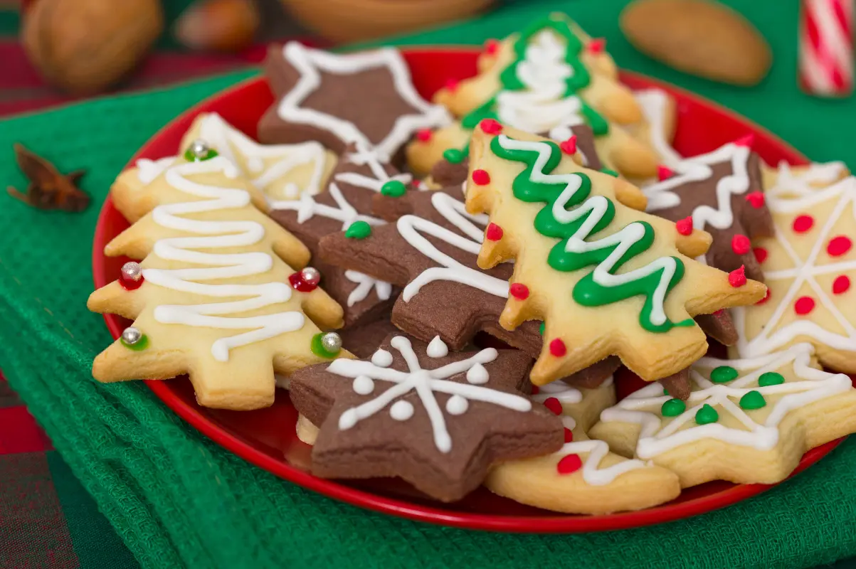 Close-up of Christmas cookies on a festive table, representing traditional December holiday treats