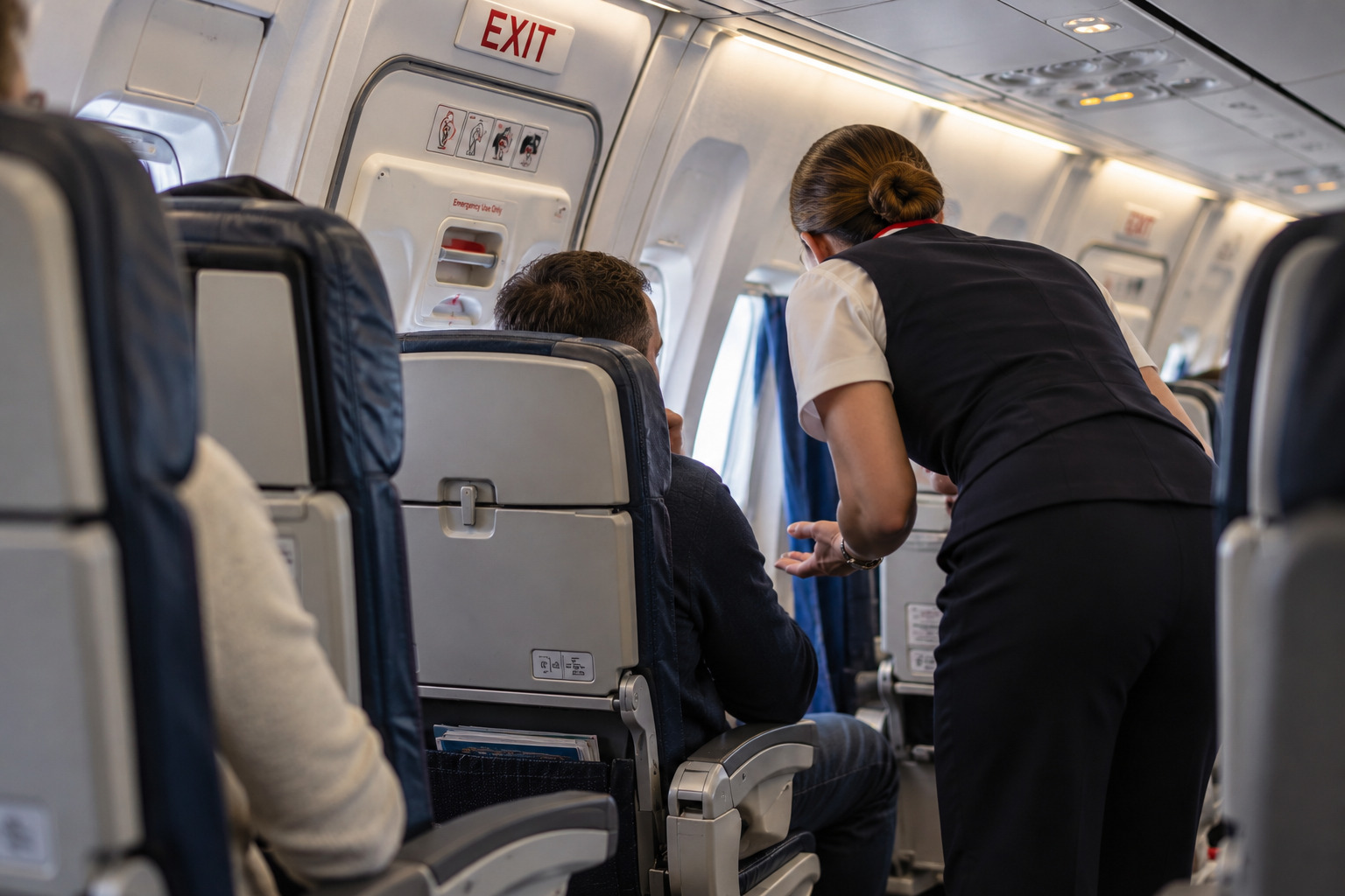 Flight attendant leaning toward a seated passenger in an airplane emergency exit row during a conversation.