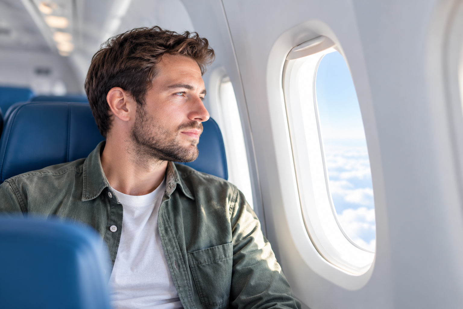 man in airplane - window