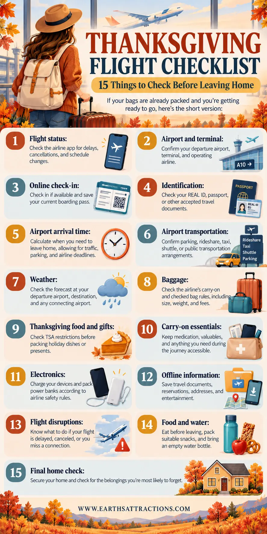 Thanksgiving Flight Checklist: 15 Things to Do Before You Fly. Flying for Thanksgiving 2026? Save this 15-step Thanksgiving flight checklist before heading to the airport! Find out what to check before leaving home, from flight status and airport arrival times to REAL ID requirements, TSA food rules, carry-on essentials, baggage limits, and preparing for delays. Whether you're flying home for Thanksgiving dinner or taking a holiday getaway, these practical airport travel tips can help you avoid last-minute surprises. Save this checklist for your next flight!