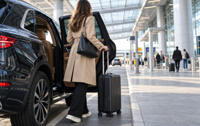 Woman in a beige trench coat standing beside a black SUV at an airport drop-off area, holding a rolling suitcase with the car door open.